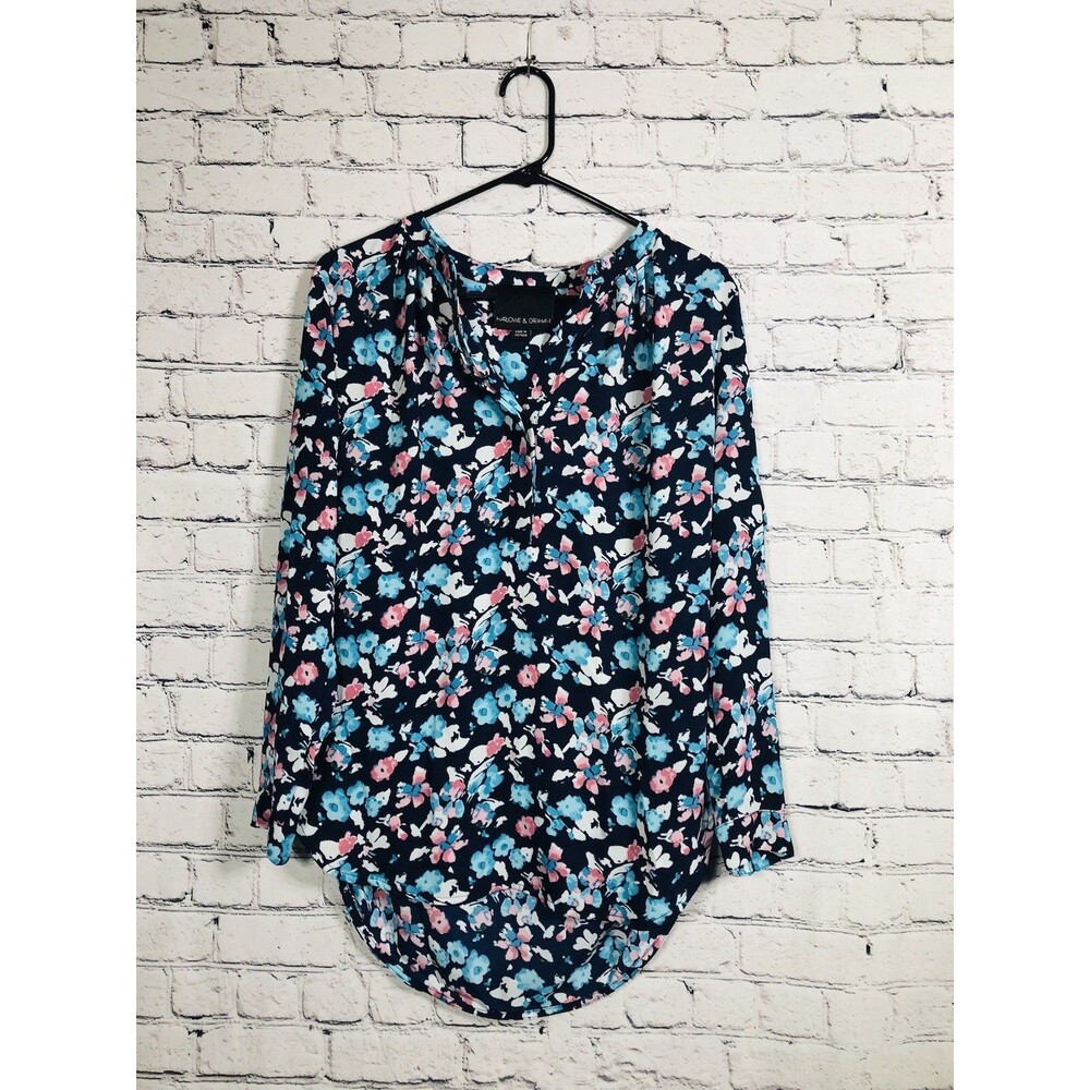 Harlowe & Graham Women Floral Blouse Long Sleeve V-Neck Navy Blue Size S
